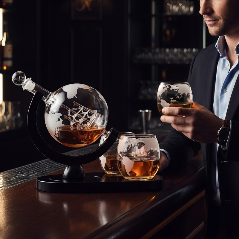 Decanter Globe Set - ชุดขวดเหล้ารูปโลกพร้อมขาตั้งไม้สุดหรูและแก้ววิสกี้ 2 ใบ ขวดเหล้ารูปโลก ของขวัญเกรดพรีเมียม ของขวัญสำหรับผู้ชาย