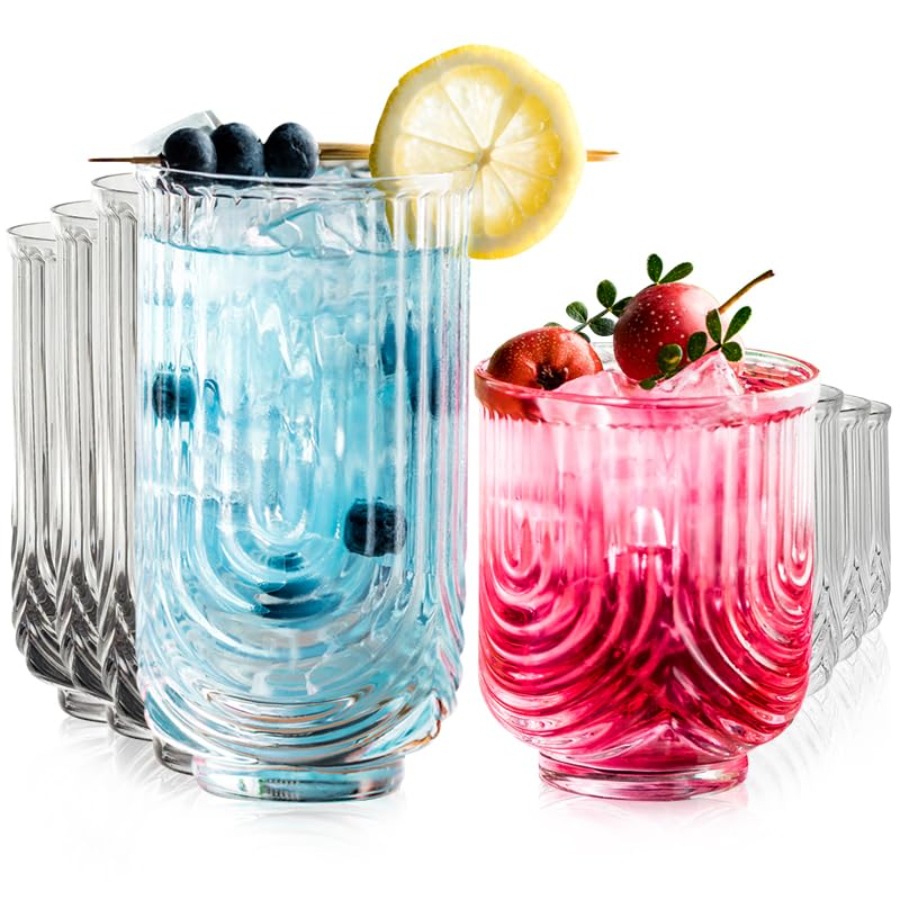Highball Glass Set - แก้วค็อกเทลอาร์ตเดโค แก้วน้ำแบบมีลาย ชุด 8 ใบ แก้วไฮบอล