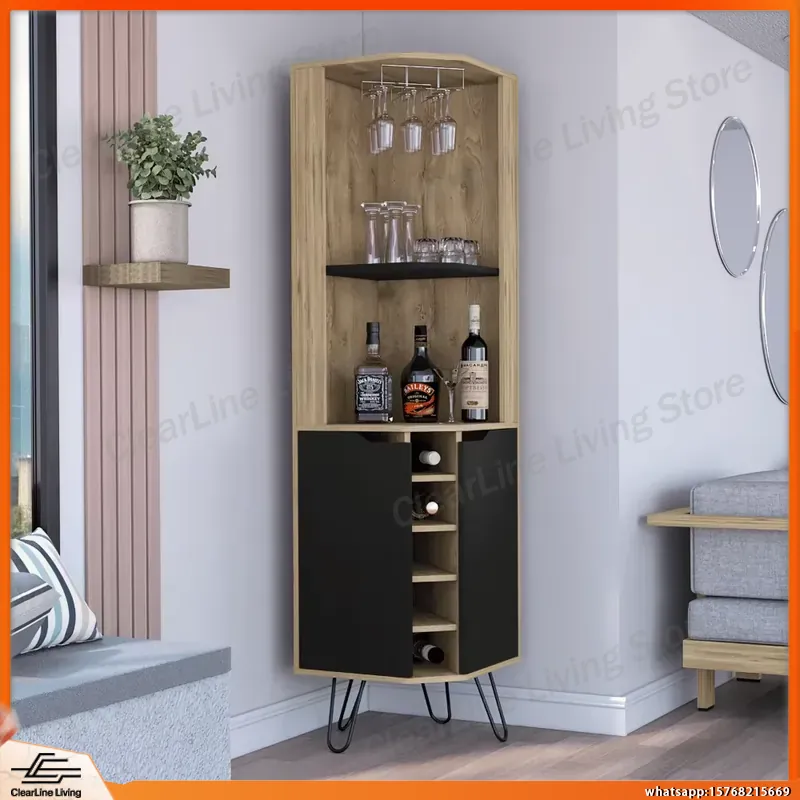 Home Bar Shelves - ตู้บาร์มุมพร้อมชั้นวางไวน์ในตัว 6 ช่อง สำหรับจัดเก็บบาร์ที่บ้าน ตู้บาร์ไม้สไตล์โมเดิร์นพร้อมชั้นวางและบานประตู