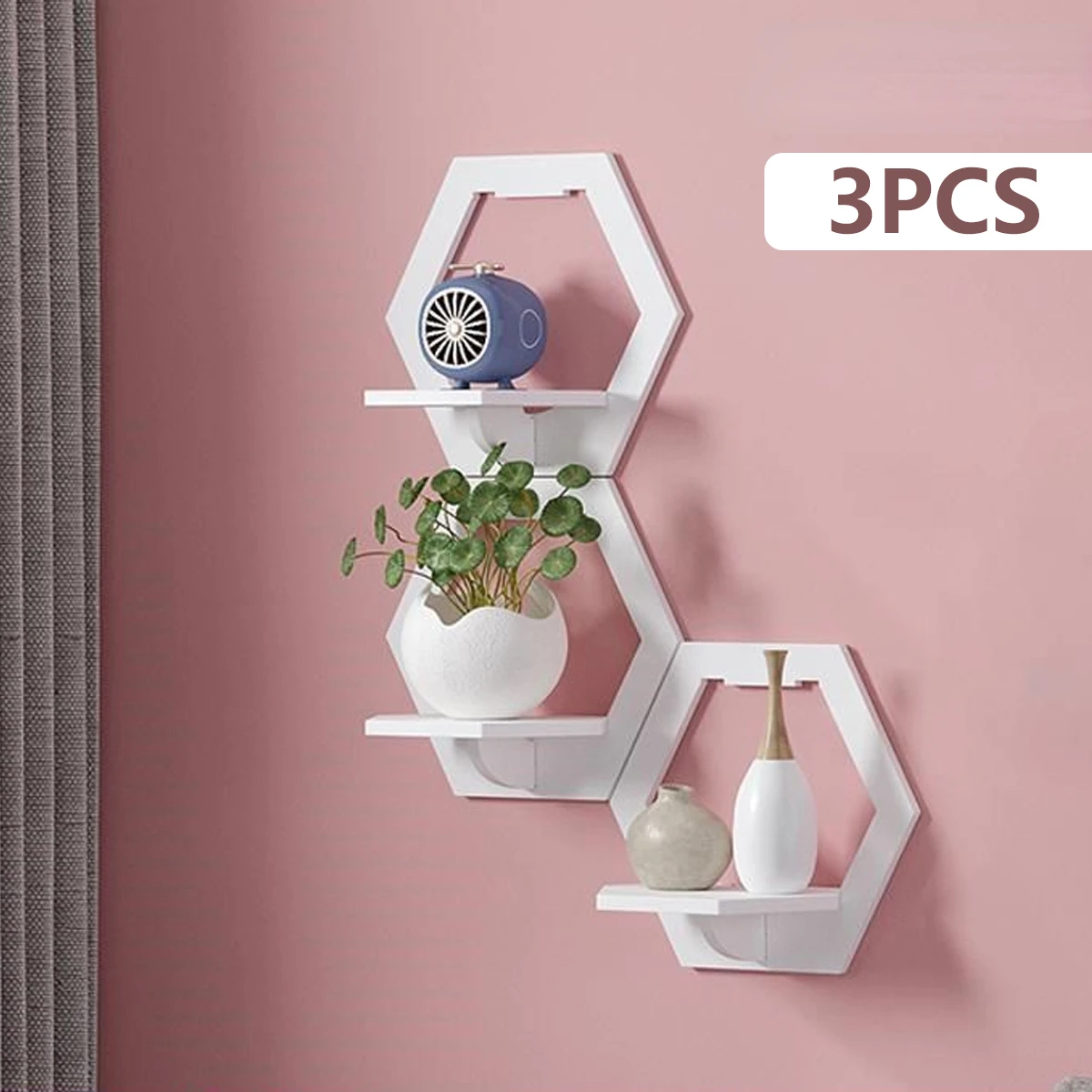 Home Bar Shelves - 3 ชิ้นหกเหลี่ยมชั้นวาง Punch ฟรีข้างเตียงขาตั้งจอแสดงผลติดผนังผู้ถือหม้อดอกไม้พื้นหลังทีวีตกแต่งบ้าน
