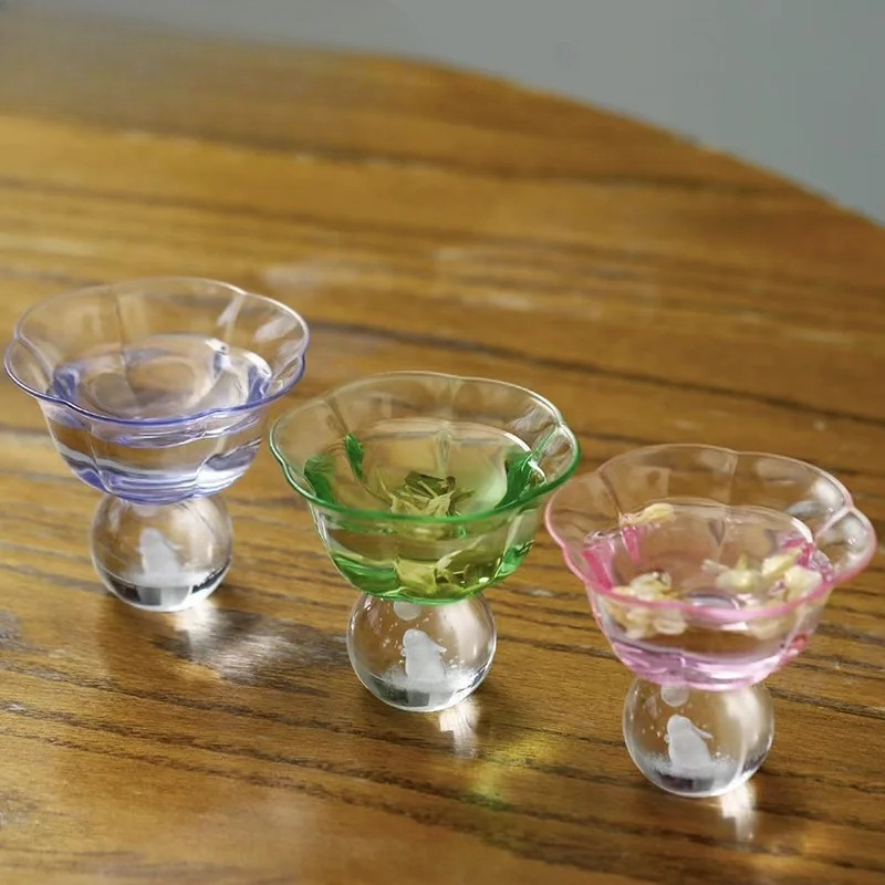 Highball Glass Set - แก้วชาคริสตัลทรงดอกไม้ 95 มล. ลายกระต่ายพระจันทร์ แก้วทรงสูง สำหรับผู้หญิง