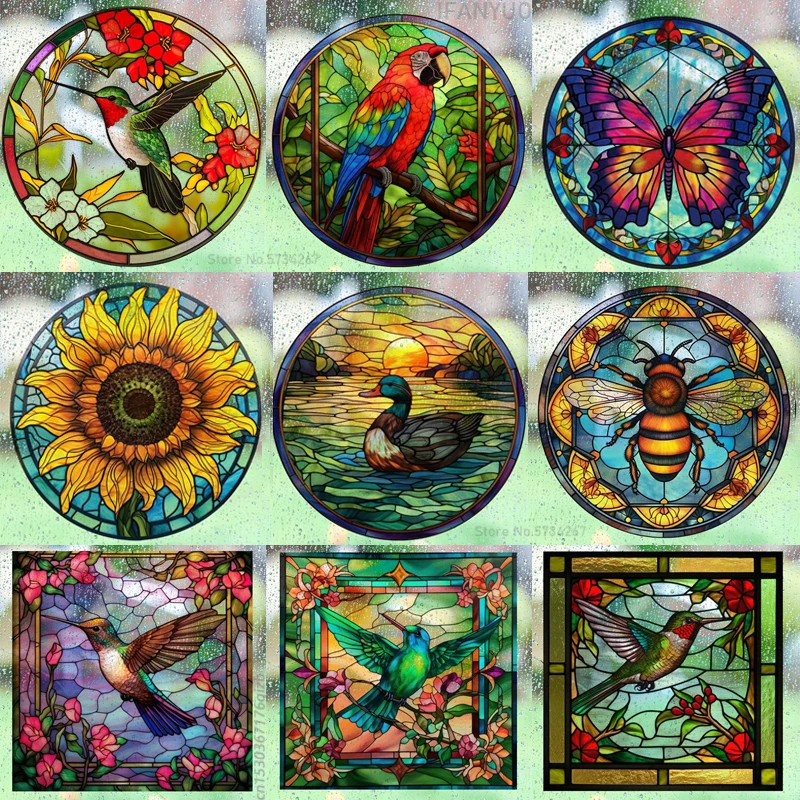 Old Fashioned Glass - สติกเกอร์กระจกสีตกแต่งลายนกฮัมมิงเบิร์ดผีเสื้อดอกไม้ที่มีสีสันแบบย้อนยุคสติกเกอร์ไฟฟ้าสถิตที่ลอกออกได้ฟิล์มตกแต่งป้องกันการชนกัน