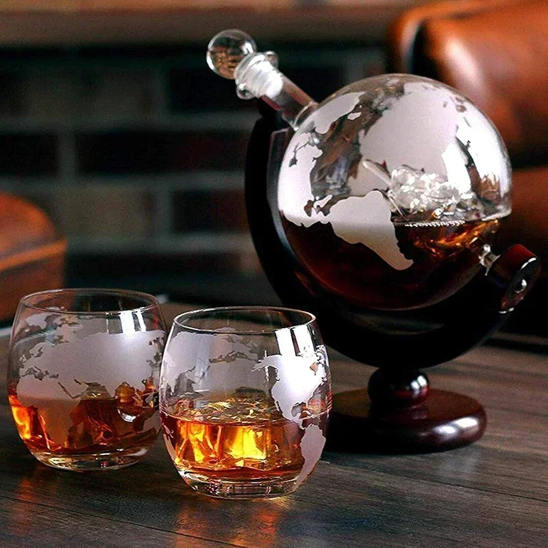 Decanter Globe Set - ชุดขวดเหล้ารูปโลกสุดสร้างสรรค์พร้อมเหยือกน้ำปราศจากสารตะกั่วขาตั้งทำจากไม้และวิสกี้2แก้วสำหรับเป็นของขวัญเกรดโลก