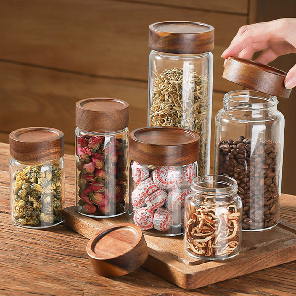 Highball Glass Set - แก้ว Borosilicate สูงพร้อมฝาปิดถังเก็บ Acacia ไม้เบ็ดเตล็ด Grain