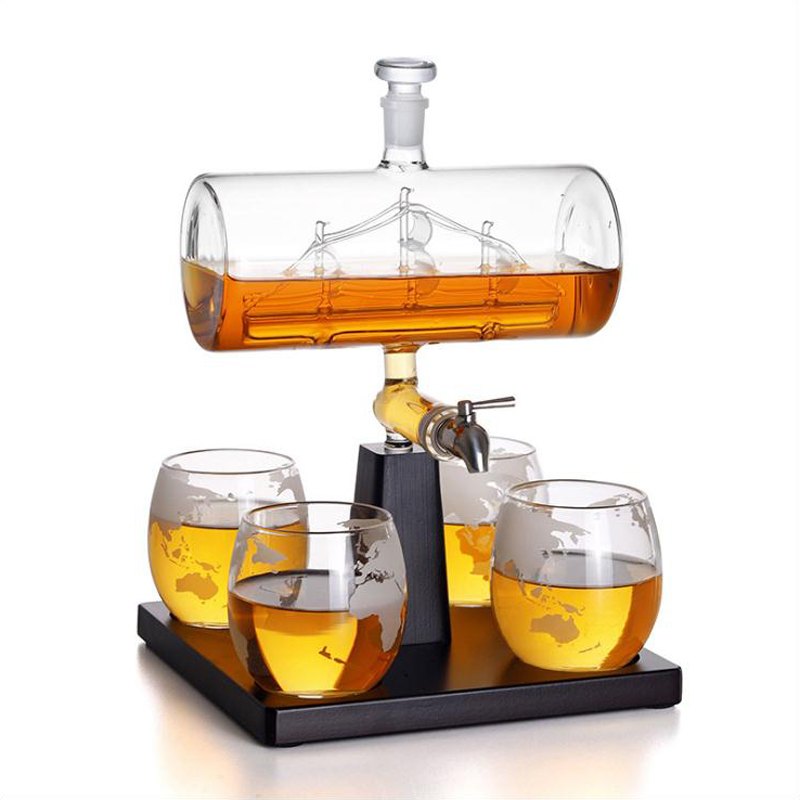 Decanter Globe Set - ขวดเหล้าวิสกี้ทรงโบราณ ชุดขวดไวน์รูปเรือพร้อมแก้วทรงโลก 4 ใบ แก้วทรงใบเรือ