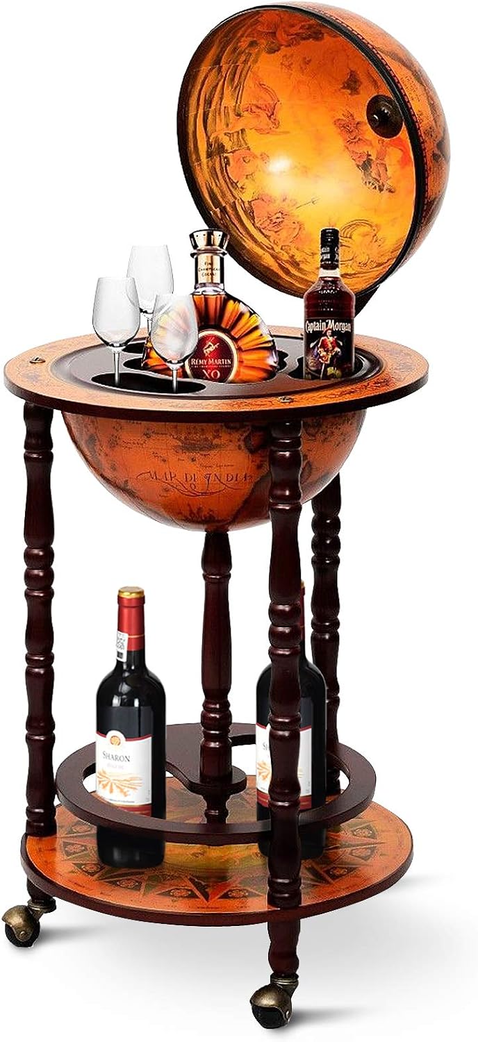 Home Bar Shelves - ตู้บาร์ทรงกลมพร้อมล้อเลื่อน ชั้นวางของด้านล่าง ลายแผนที่โลกสไตล์วินเทจ แบบจำลองอิตาลี เฟอร์นิเจอร์วางไวน์และเครื่องดื่มแอลกอฮอล์ สำหรับห้องรับประทานอาหาร