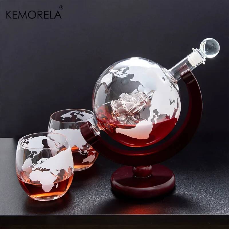 Decanter Globe Set - ชุดขวดเหล้าทรงกลม 900 มล. แก้วไร้สารตะกั่ว พร้อมฐานไม้ แก้ว