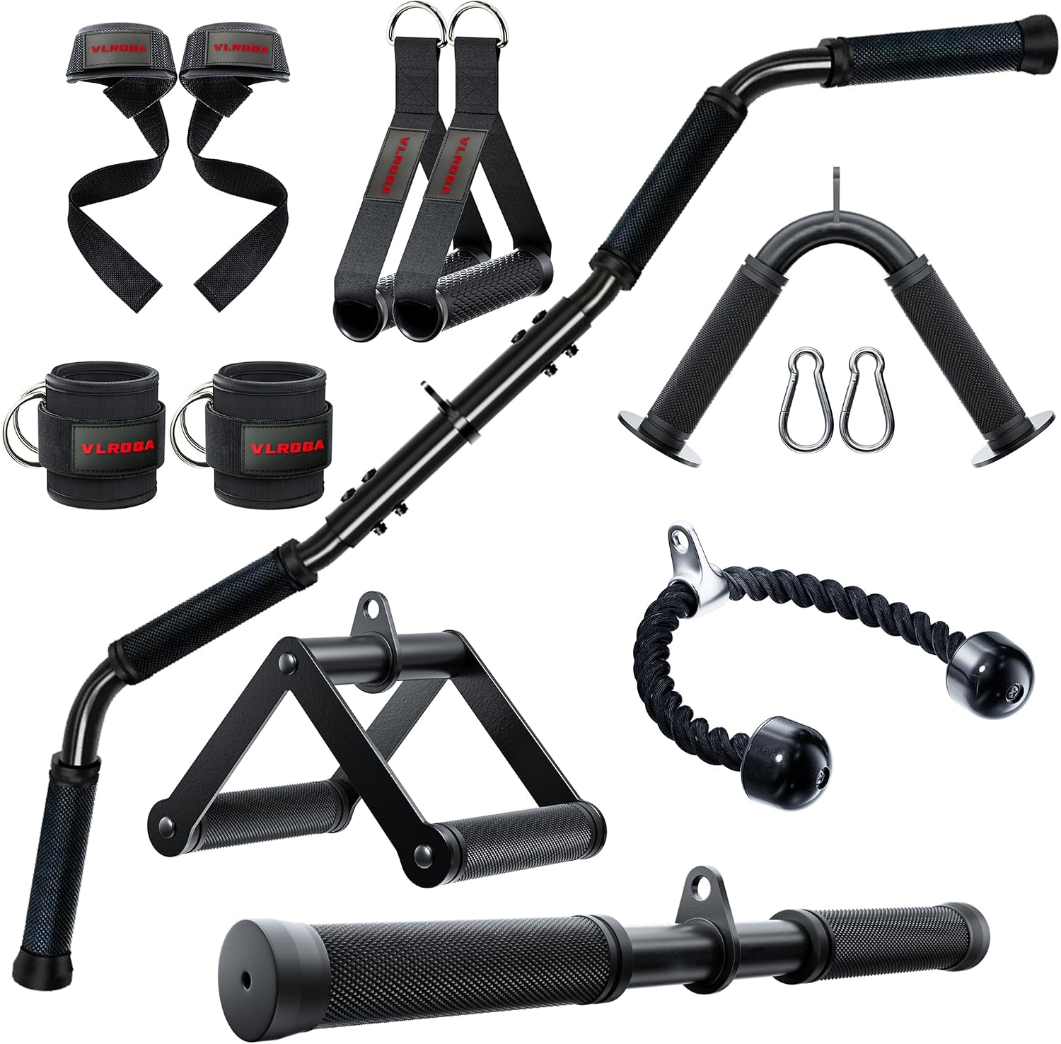 Home Bar And Gym - ชุดอุปกรณ์เสริมสายเคเบิลสำหรับโฮมยิม - เชือกบริหารไตรเซ็ปส์, บาร์ดึงข้อศอก, สายรัดข้อเท้า และอื่นๆ