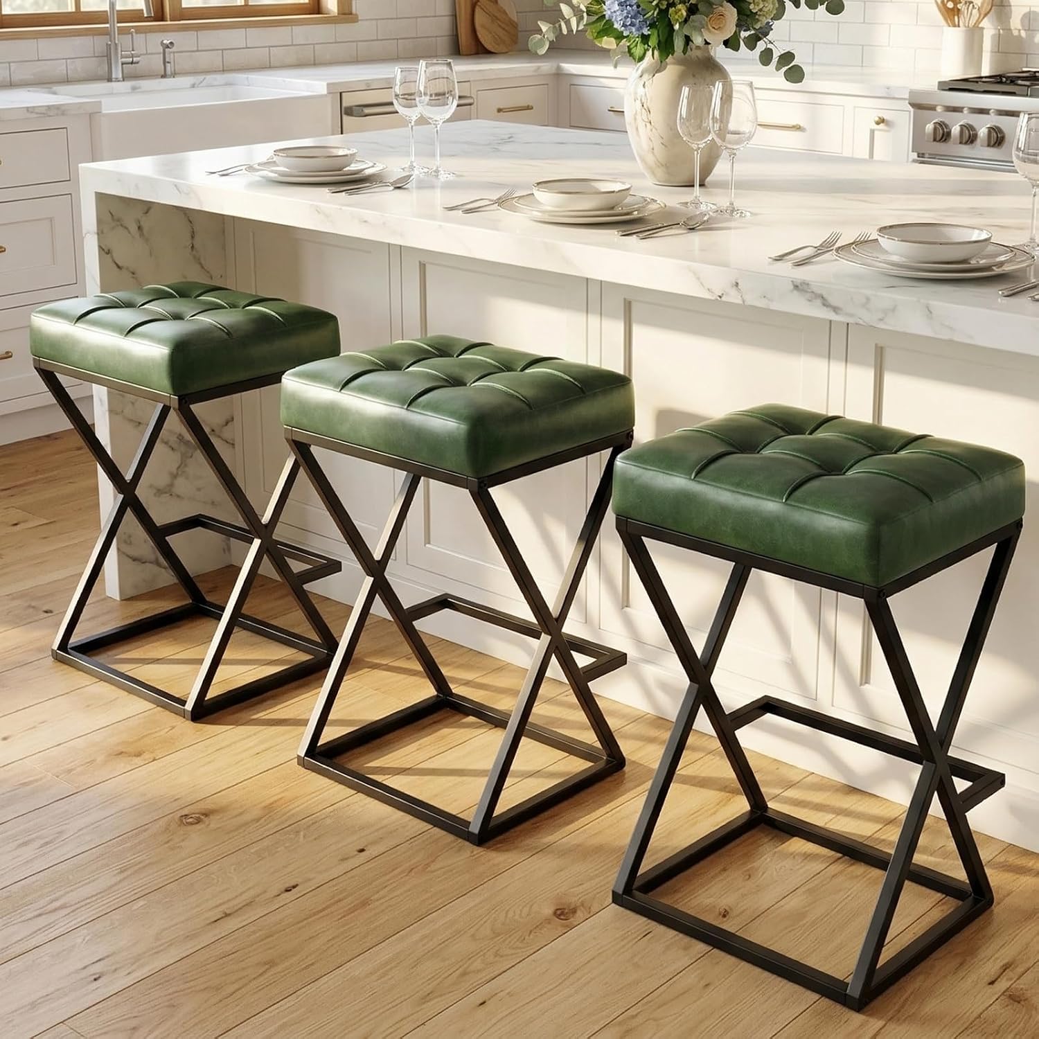 Home Bar Seating - เก้าอี้บาร์หมุนได้ทันสมัย ชุด 3 ตัว เก้าอี้บาร์สูงระดับเคาน์เตอร์ หุ้มหนัง