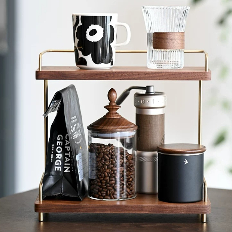 Home Bar Stand - ที่วางแก้ว 2 ชั้น ทำจากไม้แบล็ควอลนัท สำหรับจัดแสดงแก้วในครัว ชั้นวางแก้วสำหรับเคาน์เตอร์บาร์กาแฟ