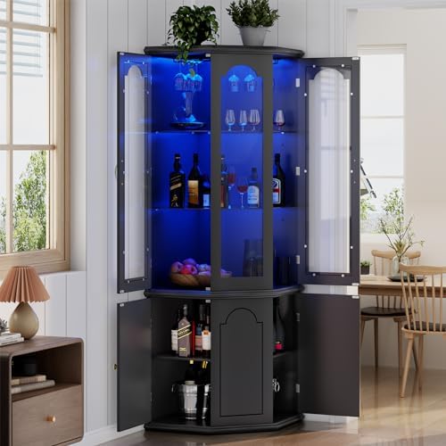 Home Bar Shelves - ตู้บาร์เข้ามุมพร้อมไฟ LED, ตู้เก็บไวน์ทรงสูงทันสมัยพร้อมประตูกระจกนิรภัยและชั้นวางปรับได้, บาร์ในบ้าน