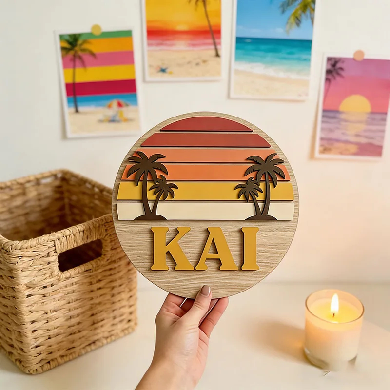 Home Bar Signs - ป้ายไม้ติดผนังรูปต้นปาล์มพระอาทิตย์ตกดินชายหาดวินเทจทรงกลมแบบกำหนดเองได้ พร้อมตัวอักษร 3 มิติ สำหรับตกแต่งบ้าน บ้านพักตากอากาศ