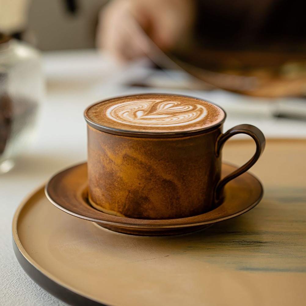 Old Fashioned Glass - ชุดแก้วกาแฟและจานรองสไตล์ญี่ปุ่นย้อนยุค ความจุขนาดใหญ่ 250 มล. แก้วเซรามิกสำหรับคาปูชิโน แก้วนม