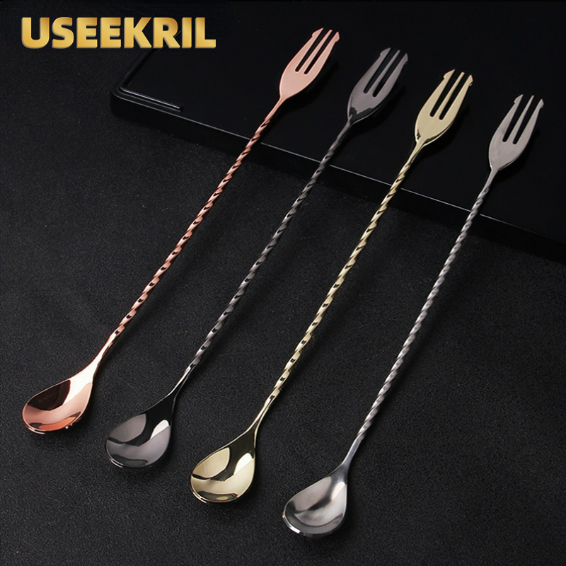 Bar Spoon Twisted - 30 40 50ซม.ช้อนบาร์ที่มีเคล็ดลับส้อมสแตนเลสผสมรูปแบบเกลียวค็อกเทลผสม Twisted ช้อนค็อกเทล Bartender