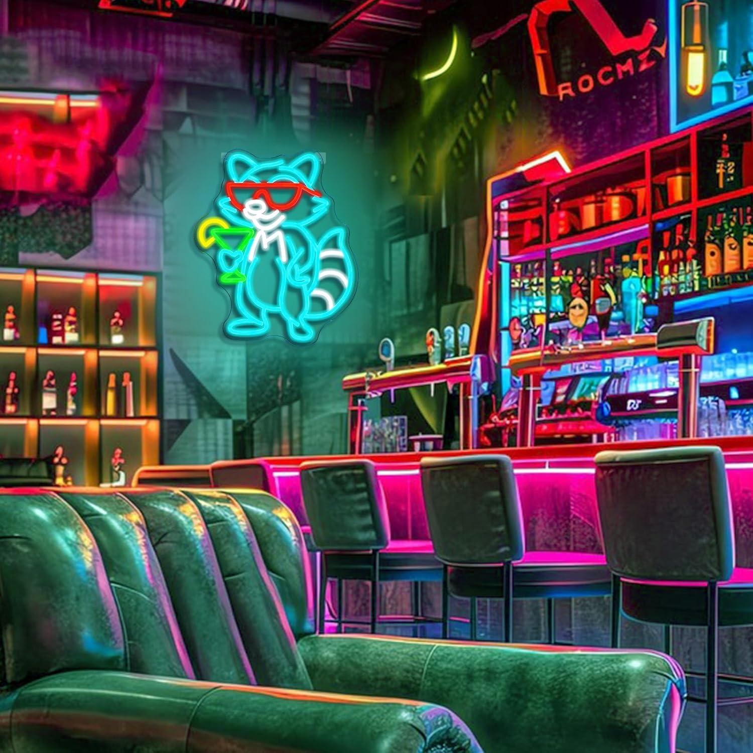 ป้ายไฟนีออนรูปแรคคูนใส่แว่นกัน - Home Bar Lounge บทวิจารณ์และราคา