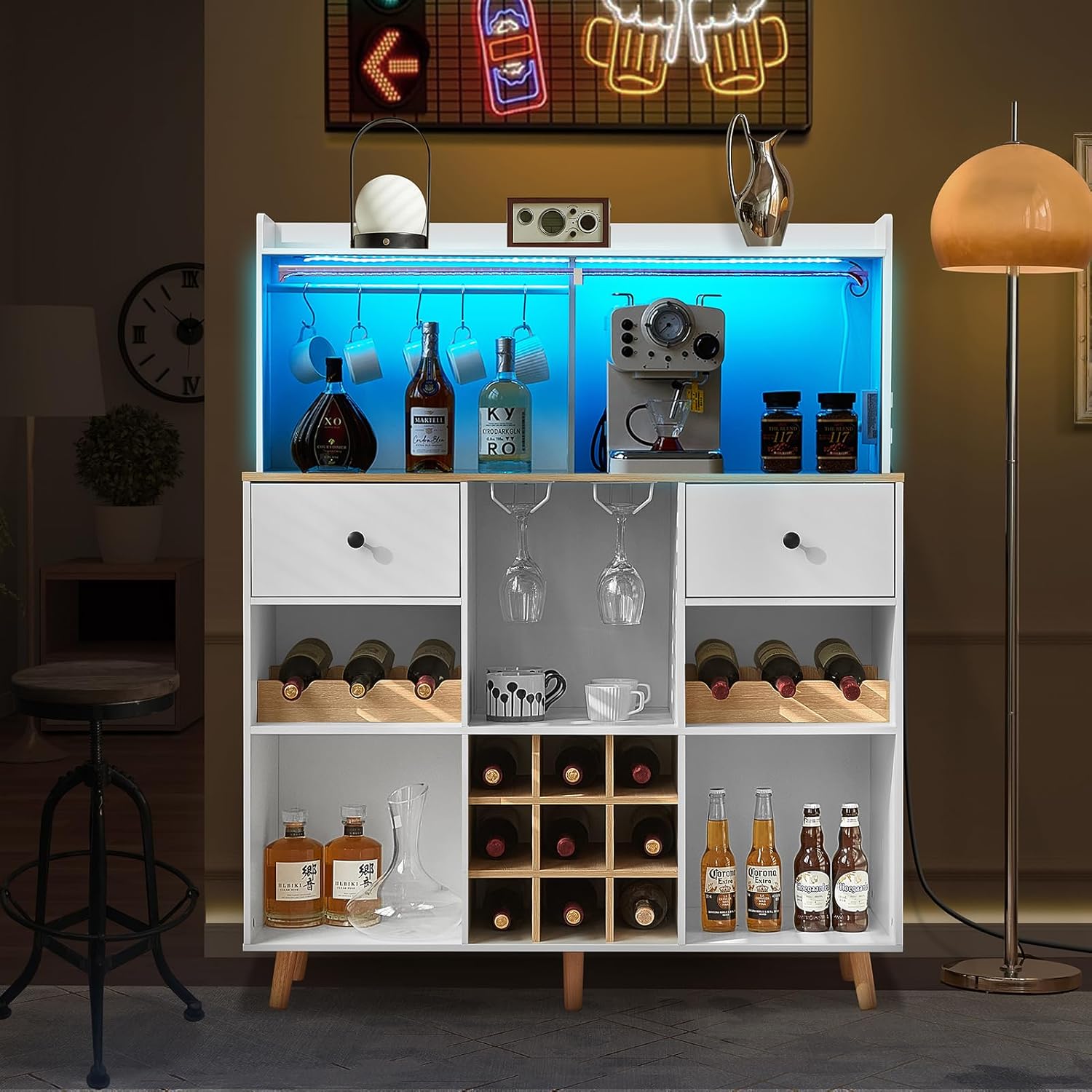 ตู้บาร์ไวน์พร้อมปลั๊กไฟและไฟ L - Home Bar Shelves บทวิจารณ์และราคา